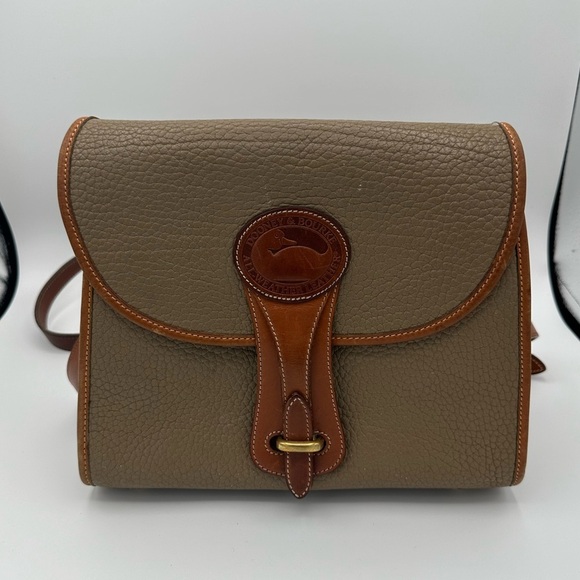 Dooney & Bourke Handbags - Dooney & Bourke Handbag Saddlebag Taupe Leather Cognac Trim All Weather Classic